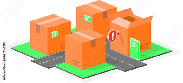 Obraz Small town of boxes. Urban packaging made with boxes and signs. Vector illustration of roads, highways and signs in the middle of the city of boxes.