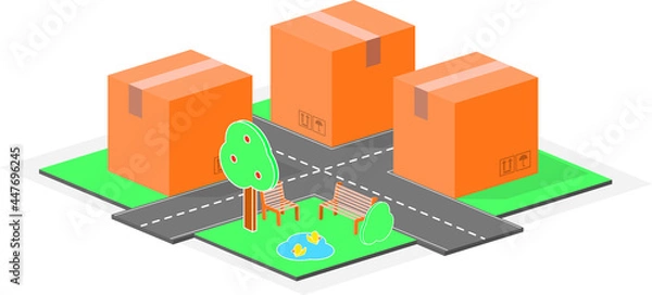 Obraz Small town of boxes. Urban packaging made with boxes and signs. Vector illustration of roads, highways and signs in the middle of the city of boxes.