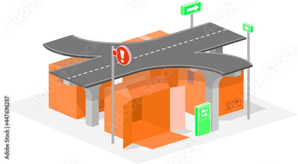 Obraz Small town of boxes. Urban packaging made with boxes and signs. Vector illustration of roads, highways and signs in the middle of the city of boxes.