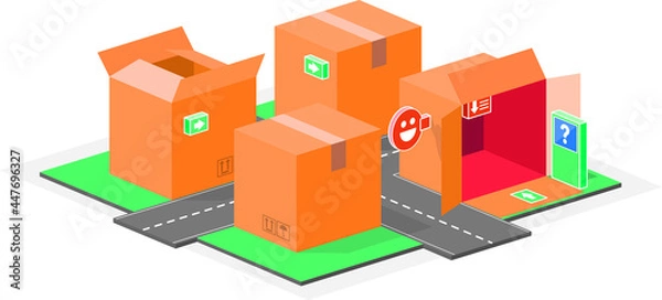 Obraz Small town of boxes. Urban packaging made with boxes and signs. Vector illustration of roads, highways and signs in the middle of the city of boxes.