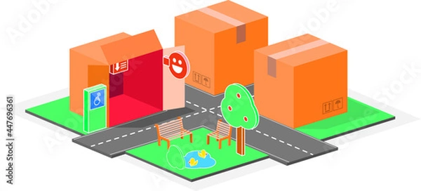 Obraz Small town of boxes. Urban packaging made with boxes and signs. Vector illustration of roads, highways and signs in the middle of the city of boxes.