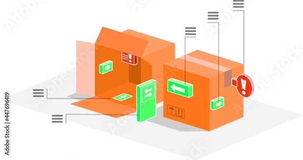 Obraz Small town of boxes. Urban packaging made with boxes and signs. Vector illustration of roads, highways and signs in the middle of the city of boxes.