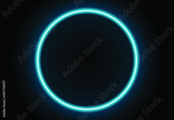 Fototapeta Neon blue light on dark brick wall vector illustration. Neon circle or frame. Lights sign. Vector abstract neon background for signboard or billboard. Geometric glow outline.