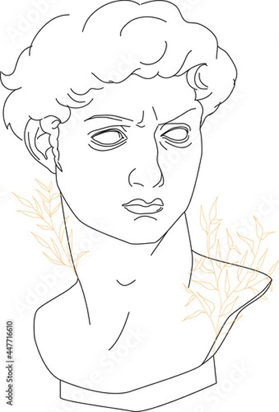 Fototapeta One line antique head statue with plants, hand drawn linear greece sculpture