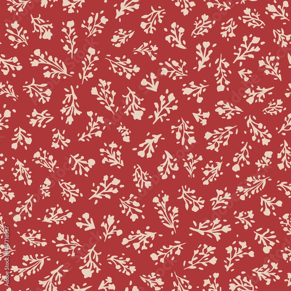 Fototapeta Floral minimal seamless repeat pattern. Random placed, vector botany and dots all over surfacr print on reddish brown background.