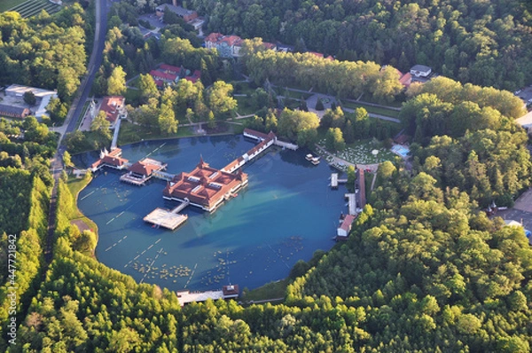 Fototapeta Top view of Lake Hévíz and the building for bathing and receiving medical procedures. May 17, 2017, Heviz, Hungary.