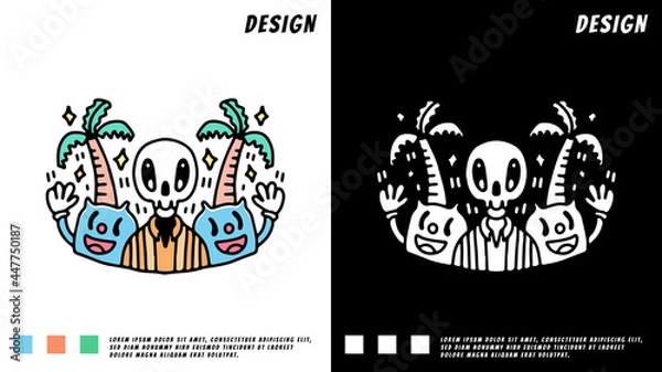 Fototapeta summer skull and retro cat on the beach, illustration for t-shirt, poster, sticker, or apparel merchandise. With cartoon style.