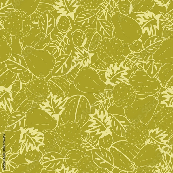 Obraz Vector Green Nuts, Fruits, and Leaves Autumn doodle background pattern