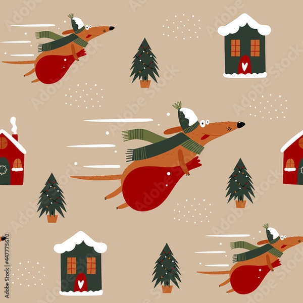 Fototapeta Festive seamless background with funny dogs. New Year's design for wrapping paper, fabric, covers and cards. Vector illustration