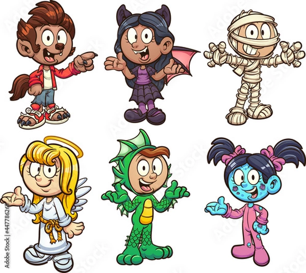 Obraz Halloween kids wearing different costumes. Vector clip art illustration with simple gradients. Each on a separate layer. 

