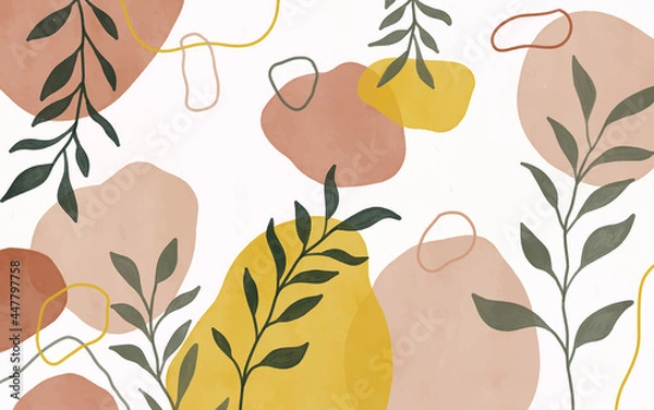 Obraz Watercolor art background vector. Paint brush wallpaper design with leaves. Seamless watercolor Illustration for prints, wall art, cover and invitation cards.