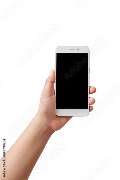 Fototapeta Mobile phone with black screen in young woman's left hand isolated on white background with the clipping path.