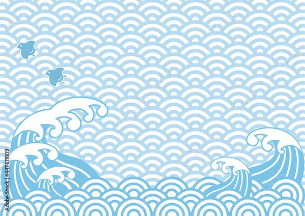Fototapeta 海　波　千鳥　和柄　青海波　荒波　海原　夏　正月　年賀　和風　和柄　背景　フレーム　コピースペース　イラスト
