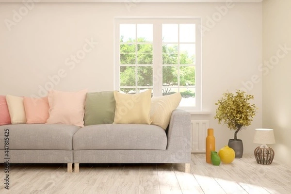 Fototapeta White living room with sofa and summer landscape in window. Scandinavian interior design. 3D illustration
