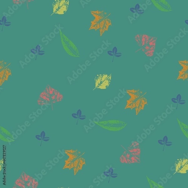 Obraz pattern with autumn leaves on a dark turquoise background. Vector grunge leaf print. Vector seamless pattern. Printing on fabric, wallpaper, packaging, stylization under a stamp or an imprint