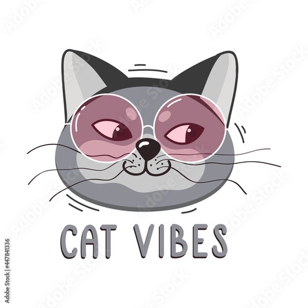 Fototapeta Cute cat in rose-colored glasses with the inscription "Cat vibes". Cat love concept, greeting card design. World Cat Day. Vector illustration of the character, isolated on a white background.