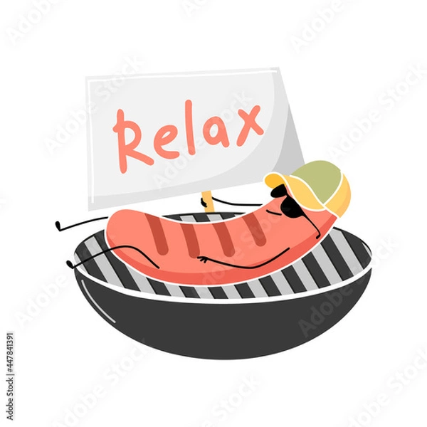 Fototapeta The sausage with glasses and cap on the grill is holding a poster that reads "Relax". Illustration of a barbecue character for the summer season. Funny banner design for a BBQ party. 