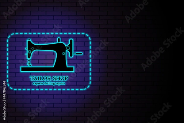 Fototapeta Tailor shop. Repair and sewing of clothes. Vector Neon symbol with workspace