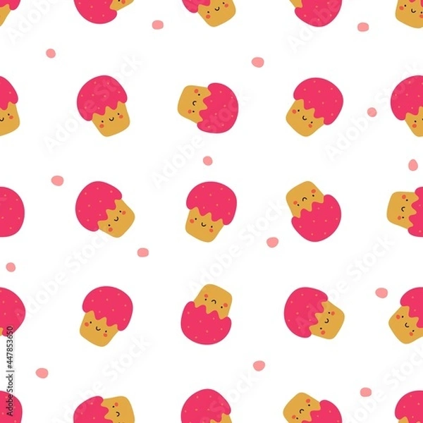 Fototapeta Cute cupcake, a hand-drawn seamless pattern with a cake and doodles for fabric, wrapping paper, decor, congratulations. Children's vector illustration