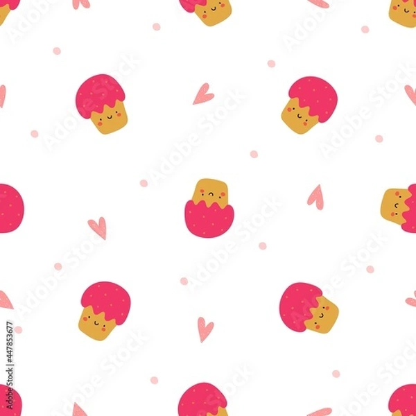 Fototapeta Cute cupcake, a hand-drawn seamless pattern with a cake and doodles for fabric, wrapping paper, decor, congratulations. Children's vector illustration