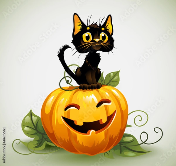 Obraz Black cat on a Halloween pumpkin.
