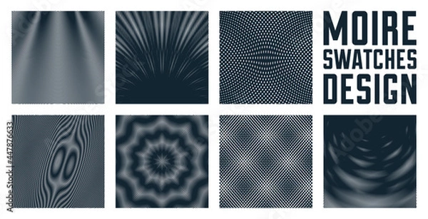 Fototapeta Moire vector abstract backgrounds set, linear contrast virtual digital effect images, hypnotic texture, optical art trendy modern style, black and white distorted grid.
