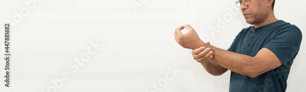 Obraz A man Distal Guillain-Barré syndrome, which usually presents with predominantly motor involvement. Concept for coronavirus, covid-19, vaccine, hand, sore, hurt, painful Copy space on left for design.