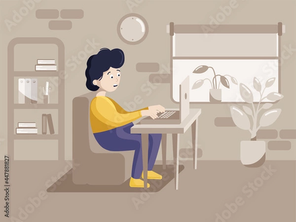 Fototapeta Online education concept template with a sad male student, computer, books and room on the background. Landing page template. Flat vector stock illustration.