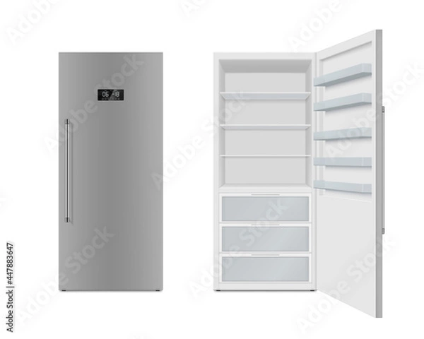 Obraz Set realistic refrigerator vector illustration. Electronic fridge with cooling temperature display