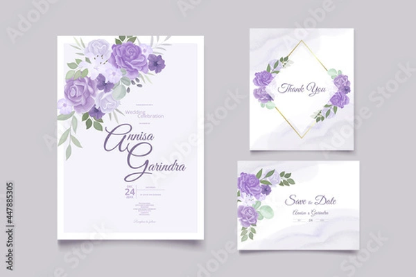 Obraz Wedding invitation card template set with beautiful purple floral leaves Premium Vector