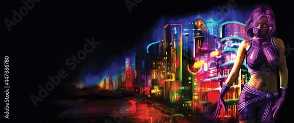 Fototapeta Cyberpunk girl in a city horizontal banner / Illustration a woman in a cyberpunk outfit. Bright neon city in the background. Digital painting