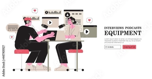 Fototapeta People in headphones talking and recording audio podcast or online show. Person radio host interviewing guest, mass media broadcasting concept for banner, website, social media or article post.