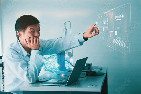 Fototapeta Professional doctor touch futuristic computer with virtual screen interface holographic digital brain on laptop,concept digital healthcare connection and medical innovative technology and science