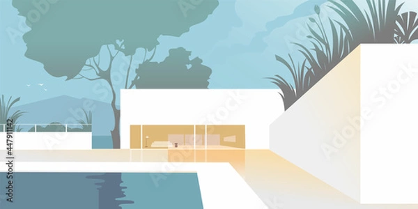 Fototapeta White country house, swimming pool. Summer. Modern residential architecture, abstract flat vector illustration. Background layout for landing page, banner or postcard design.