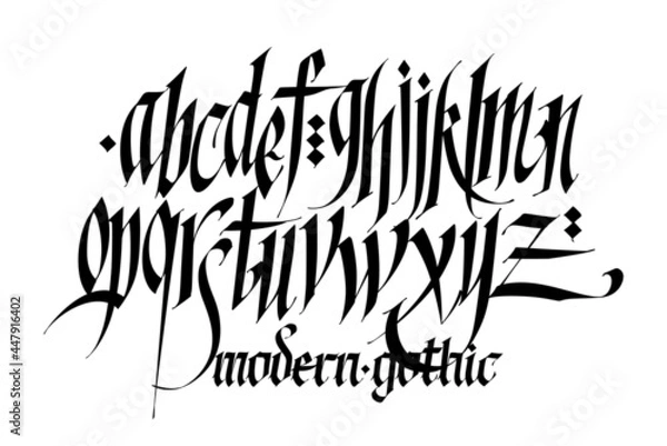Fototapeta Pseudo-gothic, English alphabet. Font for tattoo, personal and commercial purposes. Letters and elements are isolated on a white background. Calligraphy for inscriptions. All letters are separate. 