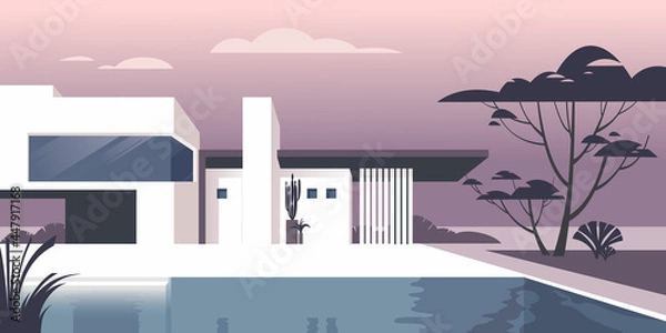 Fototapeta Contemporary residential architecture, abstract flat vector illustration. Drawing for landing page mockup, advertising booklet design or banner.