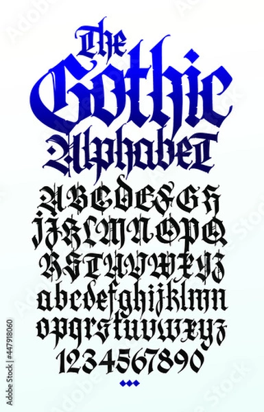 Fototapeta Gothic. Vector. Uppercase and lowercase letters on a white background. Beautiful and stylish calligraphy. Elegant European typeface for tattoo. Medieval modern style. Letters and numbers.