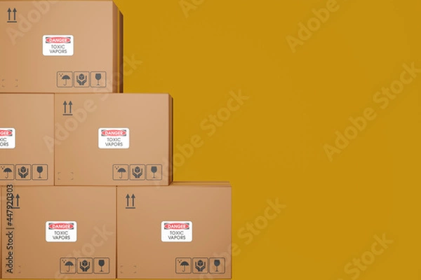Fototapeta Dangerous goods, cardboard boxes with markings Toxic Vapors on a yellow-brown background. 3d rendering