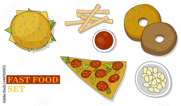Fototapeta Set of colorful cartoon fast food icons. Isolated vector.