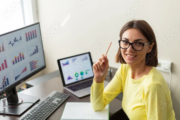 Fototapeta Caucasian advisor financial business analytics woman with data dashboard graphs