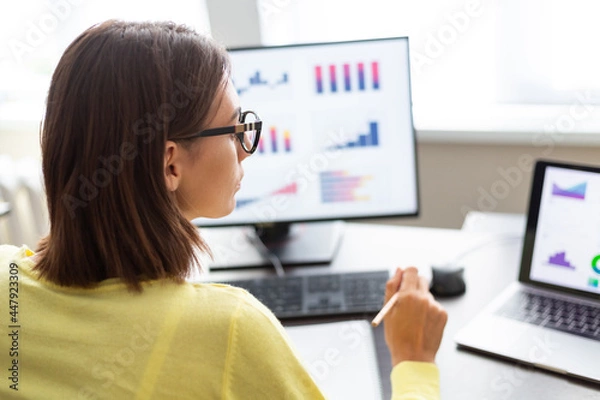 Fototapeta Caucasian advisor financial business analytics woman with data dashboard graphs