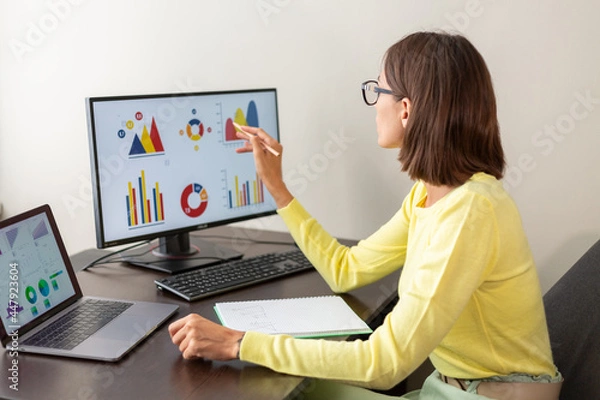 Fototapeta Caucasian advisor financial business analytics woman with data dashboard graphs