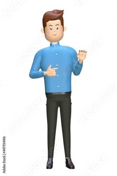 Fototapeta Cartoon businessman stands and shows something on a white isolated background. 3d illustration 