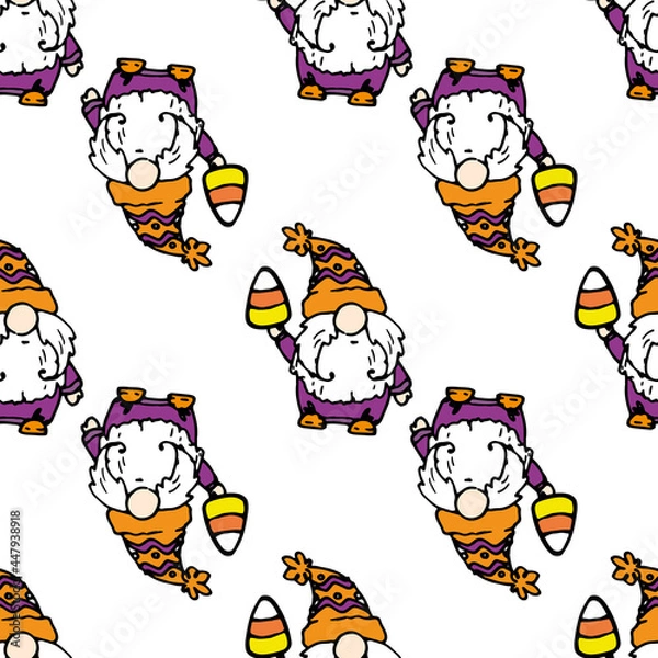 Fototapeta Vector pattern of a dwarf for Halloween with candy corn in his hand. seamless hand-drawn pattern of a flat dwarf in purple clothes and an orange hat with a yellow-orange candy stripe stripe on a white