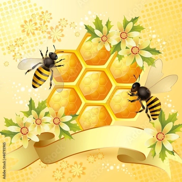 Obraz Background with bees, honeycomb and  flowers