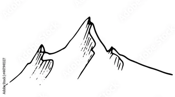 Fototapeta A vector isolated mountain peak consisting of three peaks.A chain of mountains drawn by hand with an isolated black line on a white background. mountain peaks with texture strokes simple sketch style 