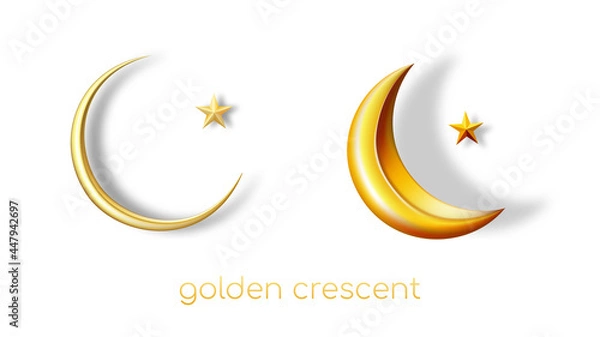 Fototapeta Realistic images of golden crescents with stars of different shapes and colors