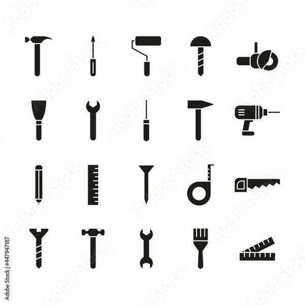 Fototapeta Tools icon set. Repair work instruments black silhouettes collection. Vector isolated on white