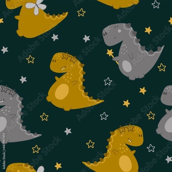 Fototapeta Cute dinos with stars, wings, magic wand. Seamless pattern on dark background. Vector illustration in childish style. Perfect for kids apparel, fabric, textile, nursery decoration, wrapping paper