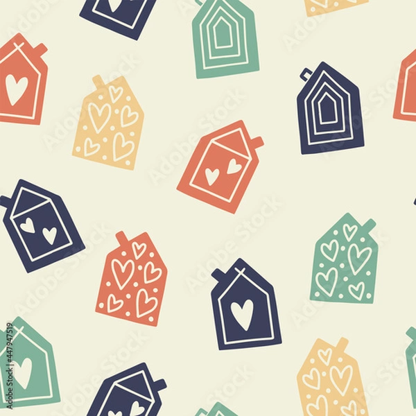 Fototapeta Trendy seamless pattern with original cute cartoon houses in a modern retro style. Vector illustration isolated on background. Perfect for fabric print, invitation, design